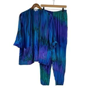 L Leeanne Hand Painted Fibers Set Blue Purple Art To Wear M Wide Leg